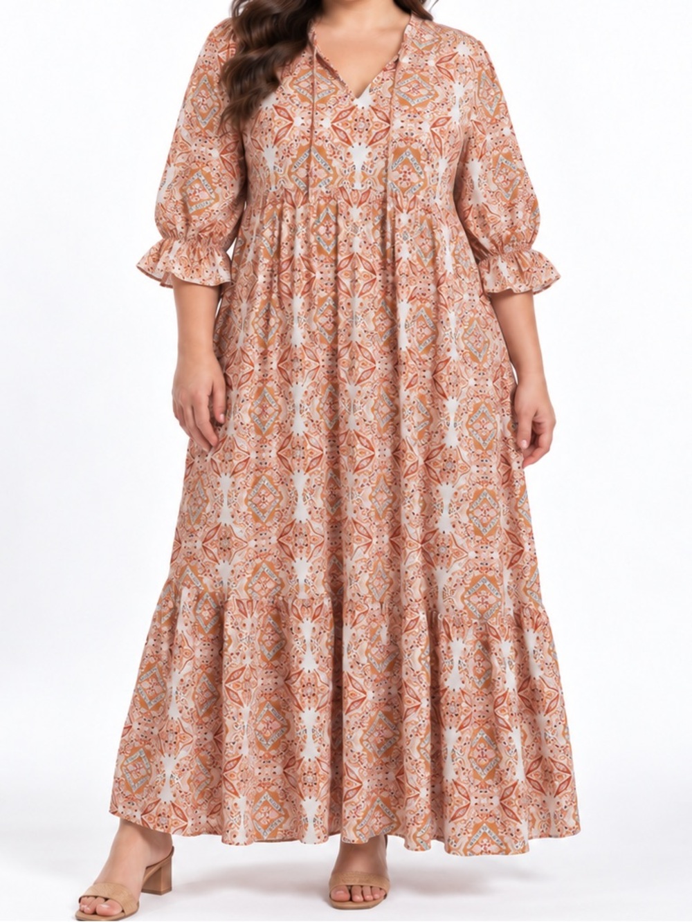 Boho Medallion Women’s Maxi Dress Tiered Balloon Sleeve Modest Autumn EUC 2X